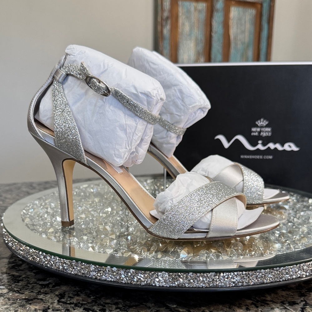 Nina Venus Silver Glitter & Satin Strappy High Heels NEW 9